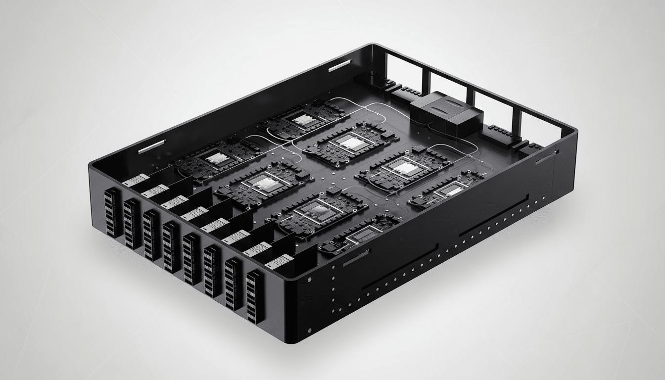 A black server chassis with multiple circuit boards and processors, presented on a professional flat design background with soft patterns.
