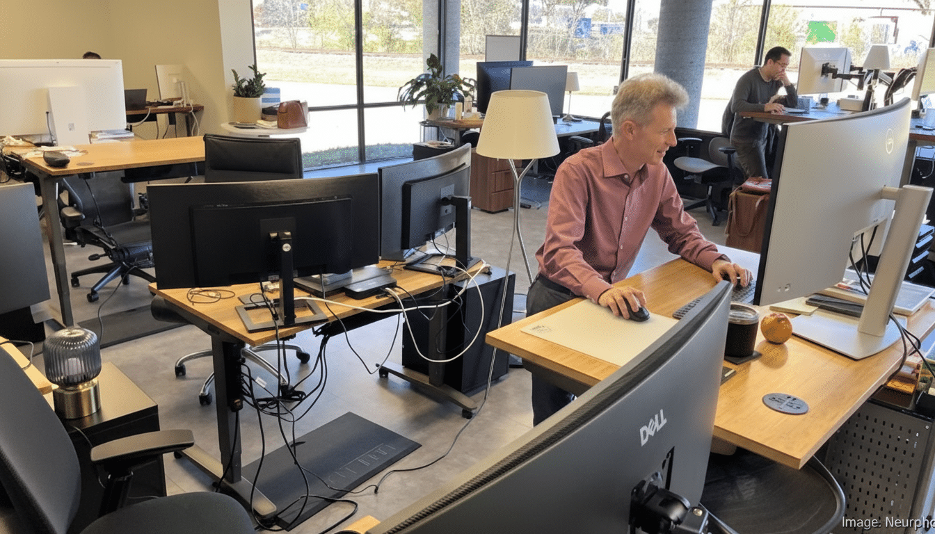 A man in a pink shirt working at a standing desk with multiple monitors in a modern office environment.