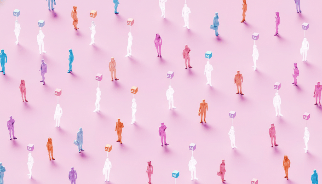 An overhead shot of a pink surface with numerous small, stylized human figures in various colors (white, blue, orange, purple, pink) standing upright. Some figures have small white cubes with AI written on them floating above their heads, connected by thin lines. The figures are scattered across the frame, creating a pattern of individuality and connection.