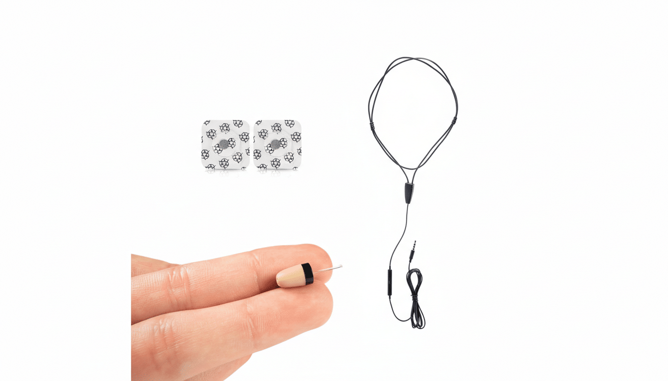 A tiny, skin-toned earpiece held between two fingers, next to a black inductive loop and two small, square, patterned adhesive patches, all on a white background.