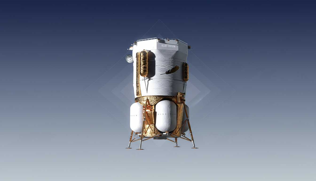 A Blue Origin lunar lander stands on a professional flat design background with soft blue gradients and subtle geometric patterns.