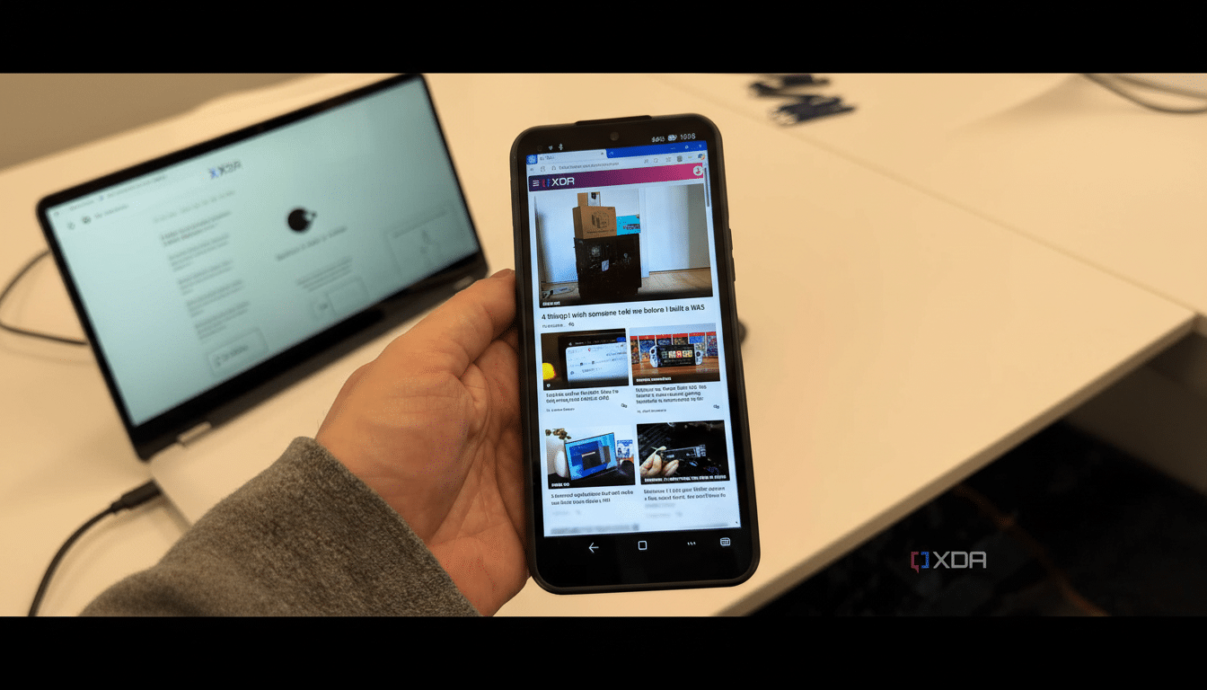 A hand holding a smartphone displaying the XDA Developers website, with a laptop in the background.