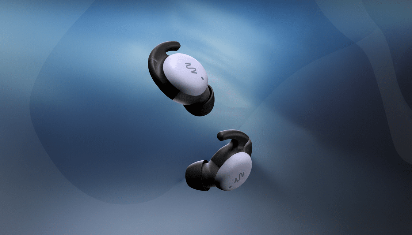 Two black and light purple earbuds with a wavy logo on them, floating against a blue gradient background with subtle, soft patterns.