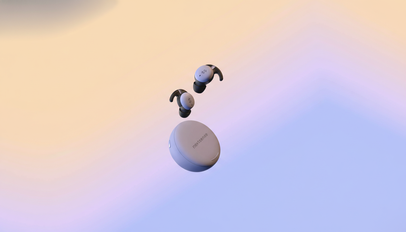 A pair of Nextsense wireless earbuds and their charging case floating against a soft gradient background of peach and lavender.