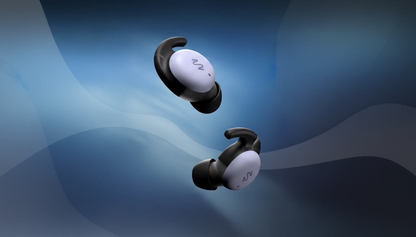 Two wireless earbuds, black with light purple accents and a wave logo, float against a professional blue gradient background with subtle wave patterns.