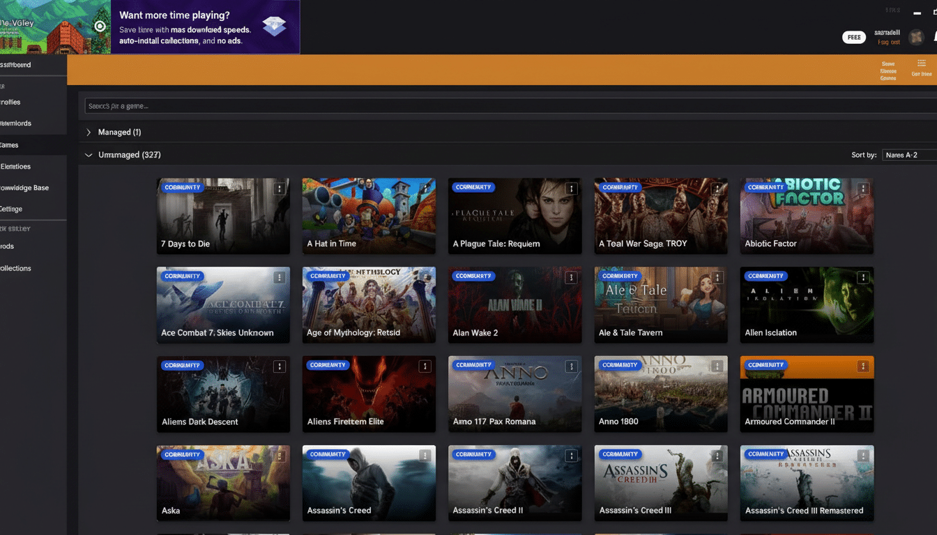 A screenshot of a game launcher interface displaying a grid of various game titles, including 7 Days to Die, A Hat in Time, A Plague Tale: Requiem, and Assassins Creed.