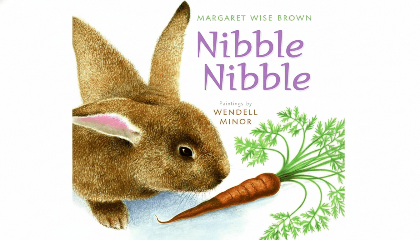 The cover of the childrens book Nibble Nibble by Margaret Wise Brown, featuring a brown rabbit looking at a carrot, resized to a 16:9 aspect ratio with a white background.