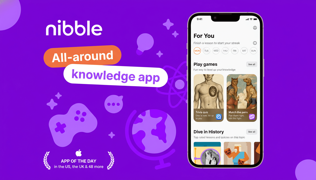 A 16:9 aspect ratio image of the Nibble app interface on a smartphone, with the apps branding and tagline All-around knowledge app on a purple background with various icons.