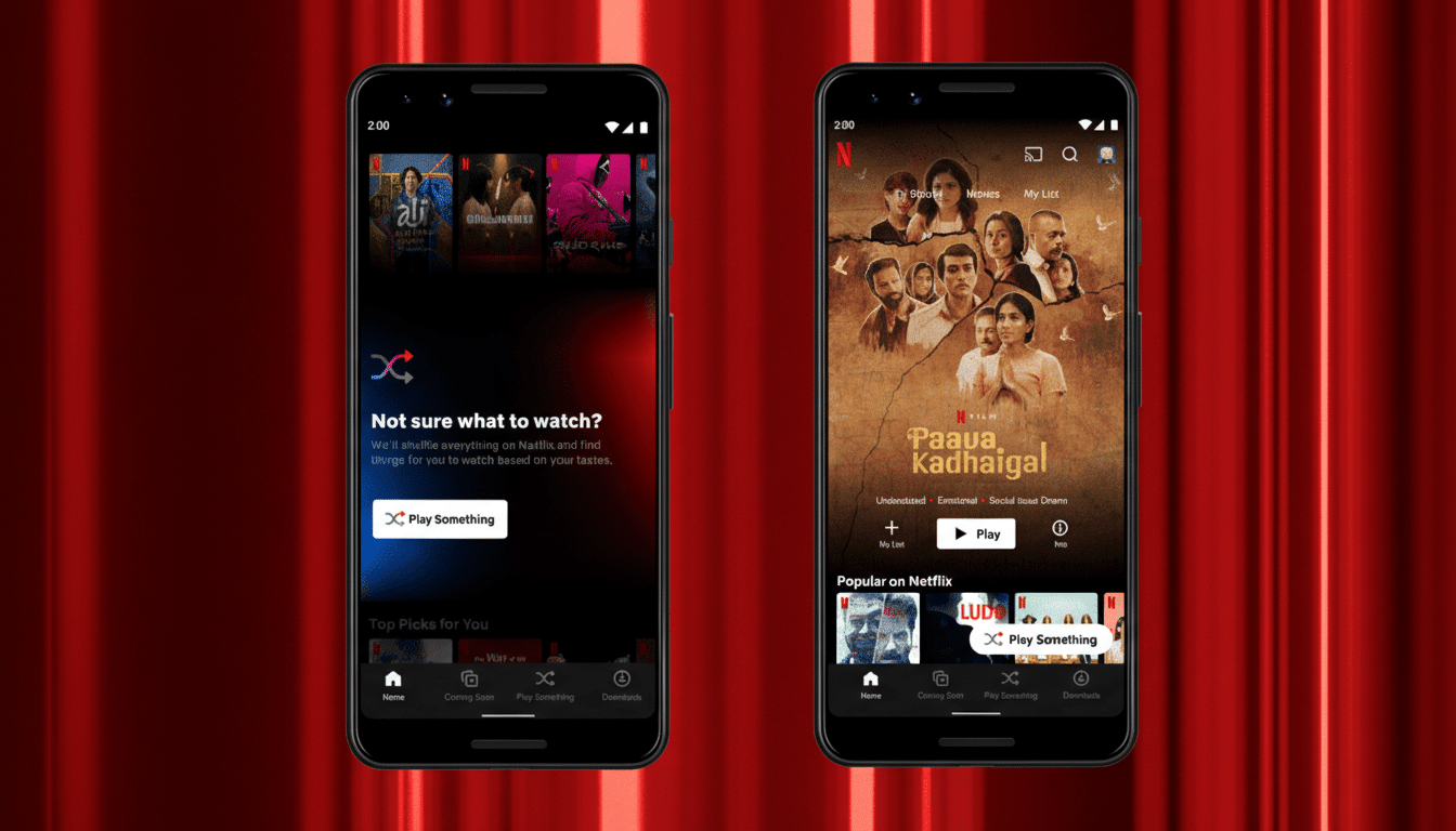 Two smartphones displaying the Netflix app, showcasing different interfaces. The left phone shows a Play Something feature, while the right phone displays the movie Paava Kadhaigal.