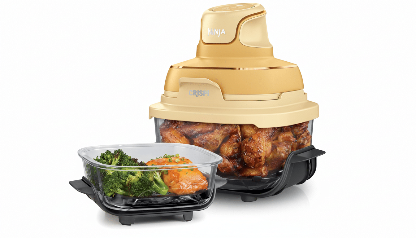 A Ninja Crispi food processor in a 16:9 aspect ratio, with a clear container filled with cooked chicken wings and a separate glass container holding salmon and broccoli.