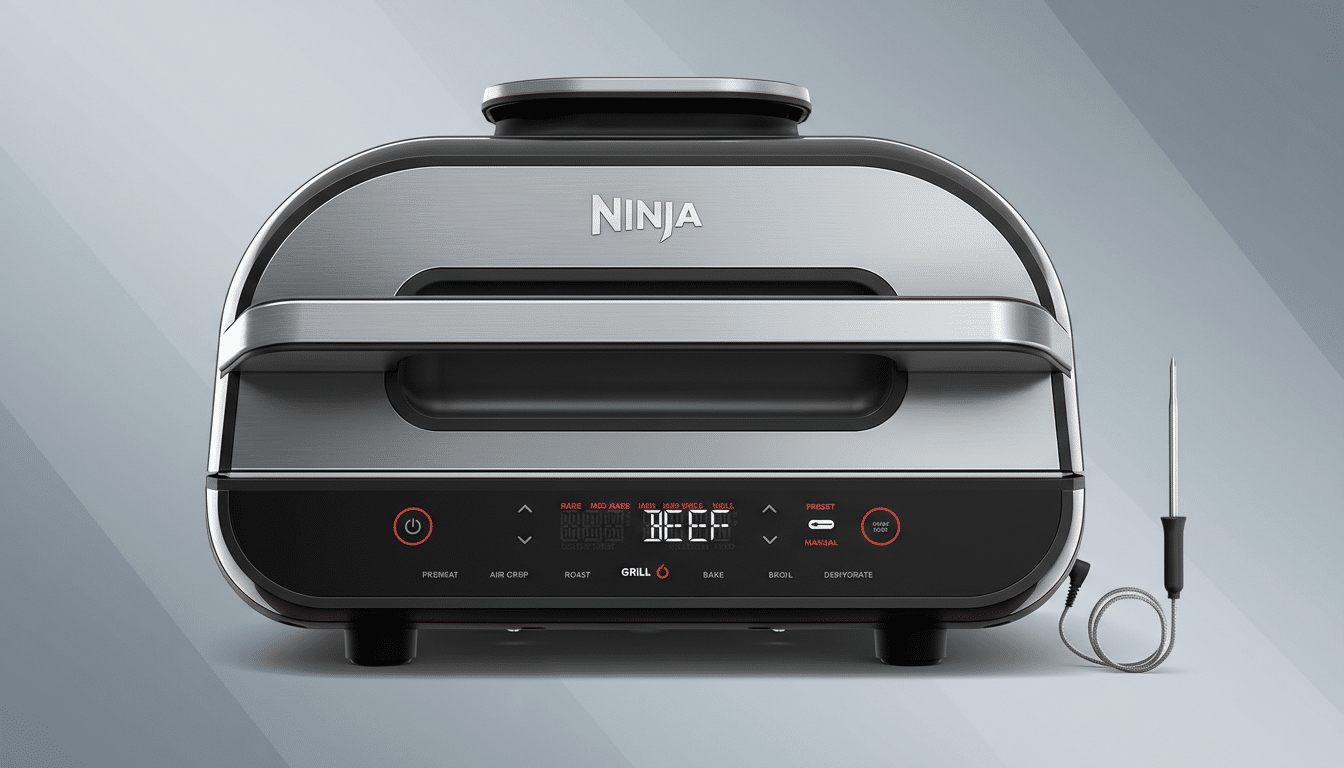 A Ninja Foodi Smart XL 6-in-1 Indoor Grill with a professional flat design background.
