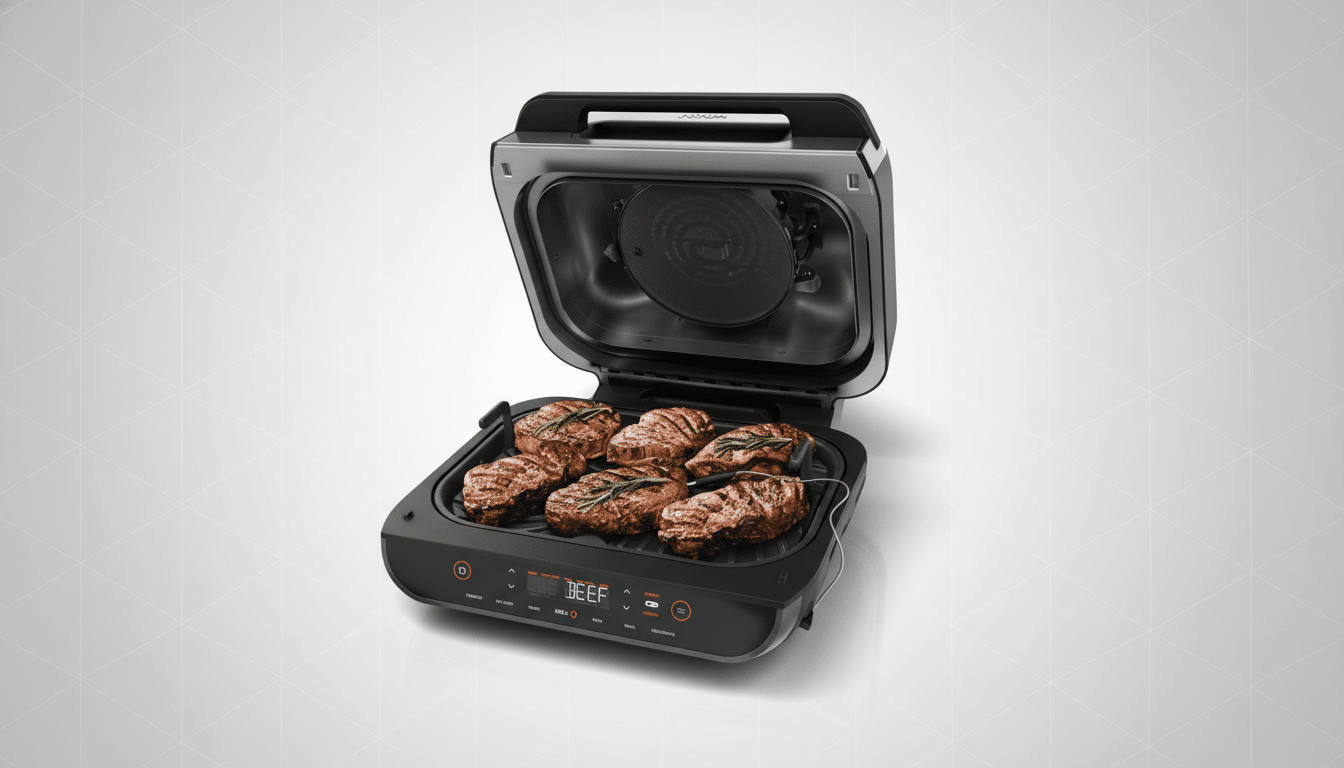 A Ninja Foodi Smart XL 6-in-1 Indoor Grill with six grilled steaks garnished with rosemary, presented on a professional light gray background with a subtle geometric pattern.