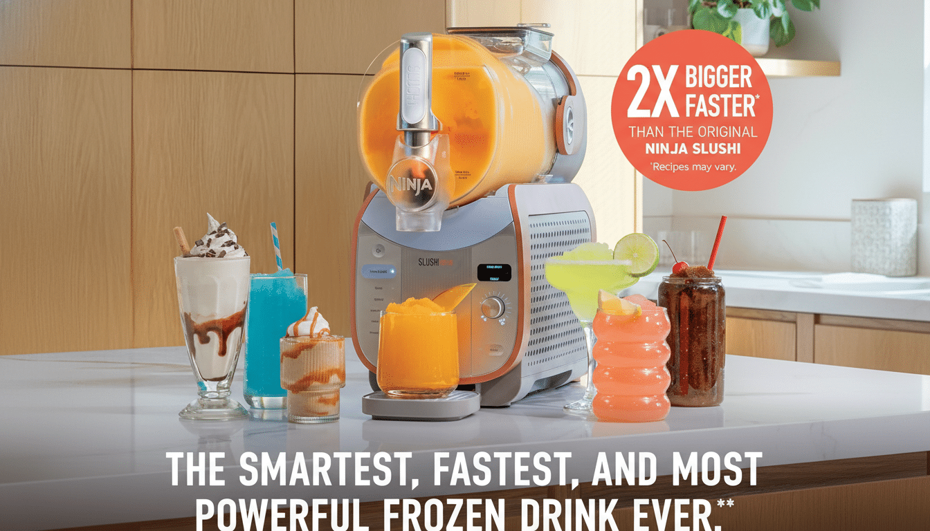 A Ninja Slushi machine on a kitchen counter, surrounded by various frozen drinks in different glasses.