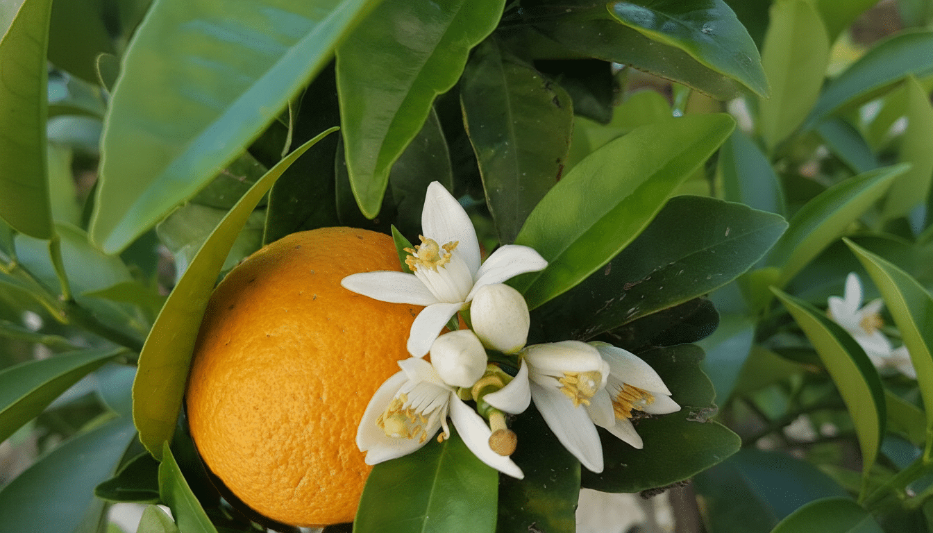 A vibrant orange fruit nestled among green leaves, with several delicate white blossoms featuring yellow centers blooming beside it.