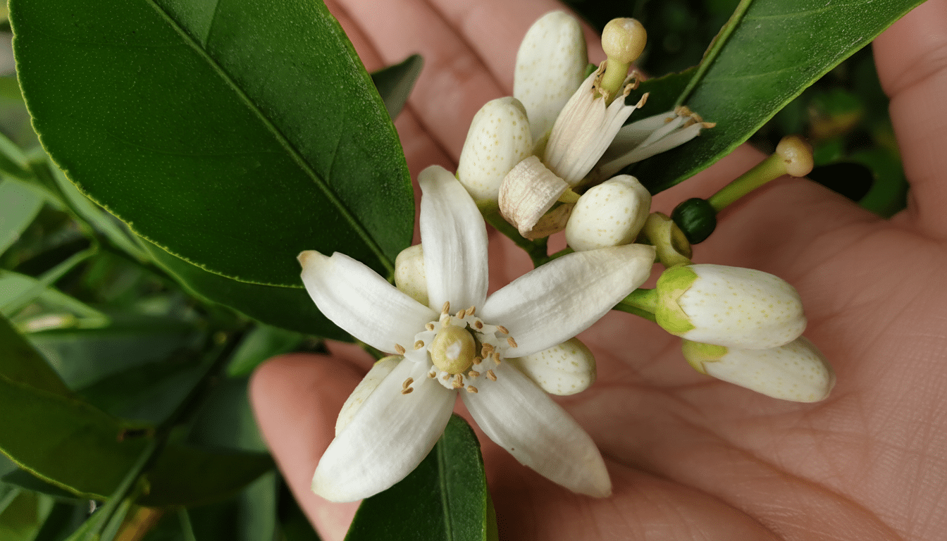 A close-up of a white citrus blossom with several buds, held in a persons hand, with green leaves in the background.