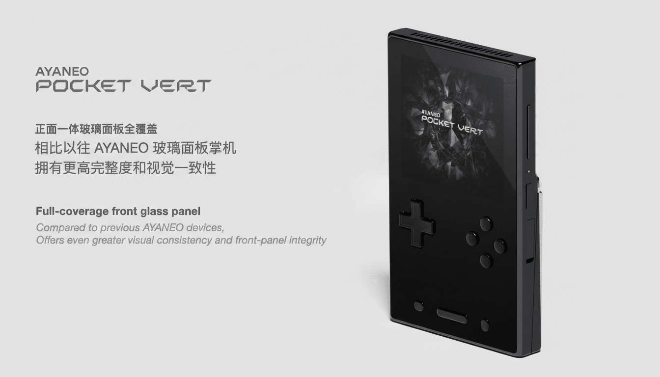 A black handheld gaming device, the AYANEO Pocket Vert, is displayed on a light gray background with text describing its features in both Chinese and English.