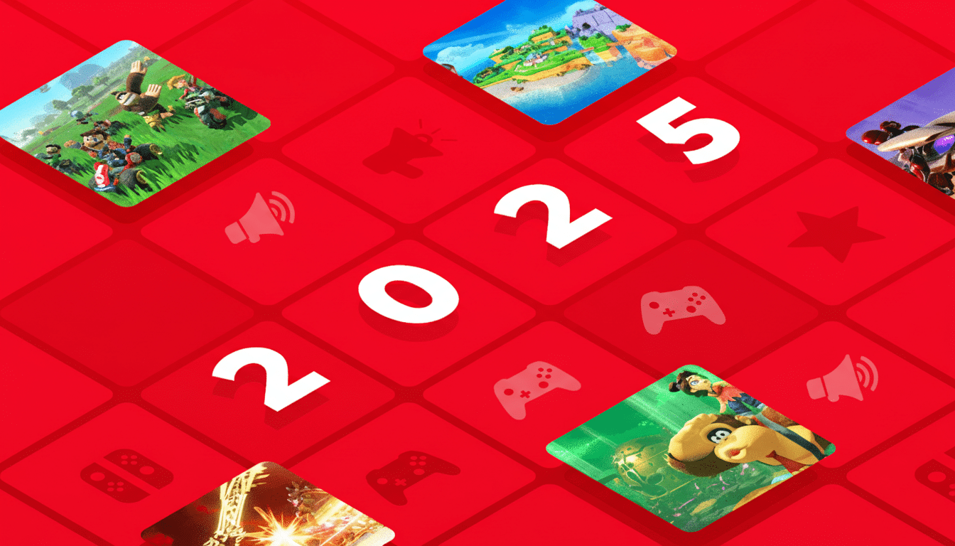 An image with a 16:9 aspect ratio, featuring a red background with various video game screenshots in diamond shapes, and the numbers 2025 prominently displayed.