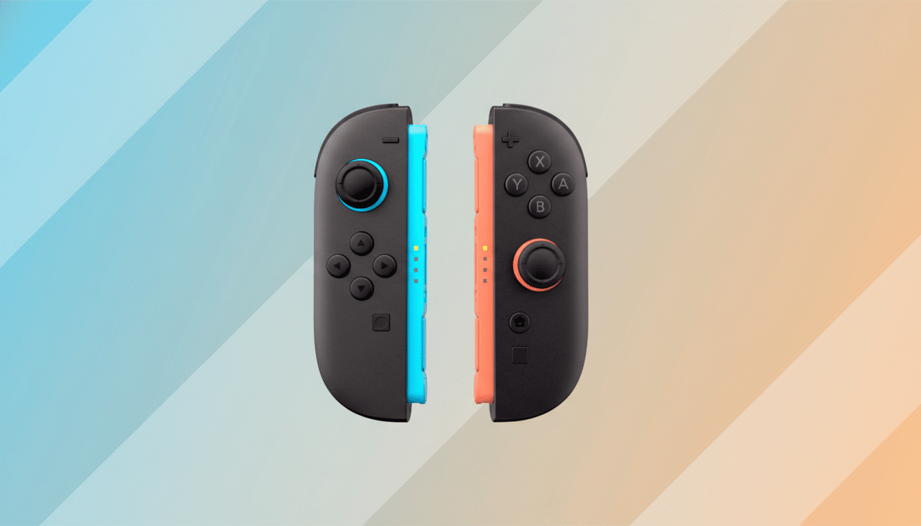 A pair of Nintendo Switch Joy-Con controllers, one blue and one orange, against a professional flat design background with soft blue and orange gradients.