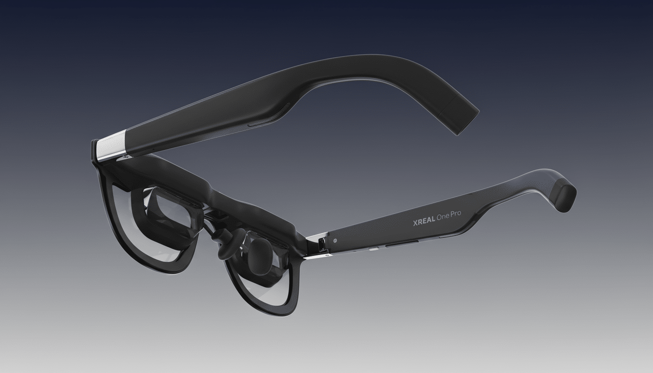 A pair of black XREAL One Pro smart glasses with clear lenses, shown at an angle against a professional gradient background.