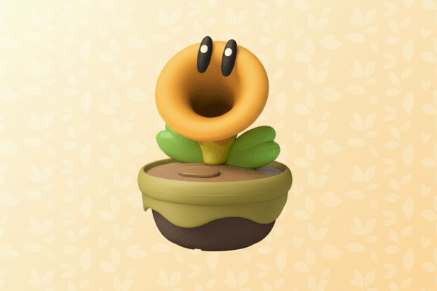 A 3D rendering of a yellow Piranha Plant from the Mario series, with a wide open mouth and two black eyes, sitting in a brown pot with green leaves, against a light yellow background with subtle leaf patterns.