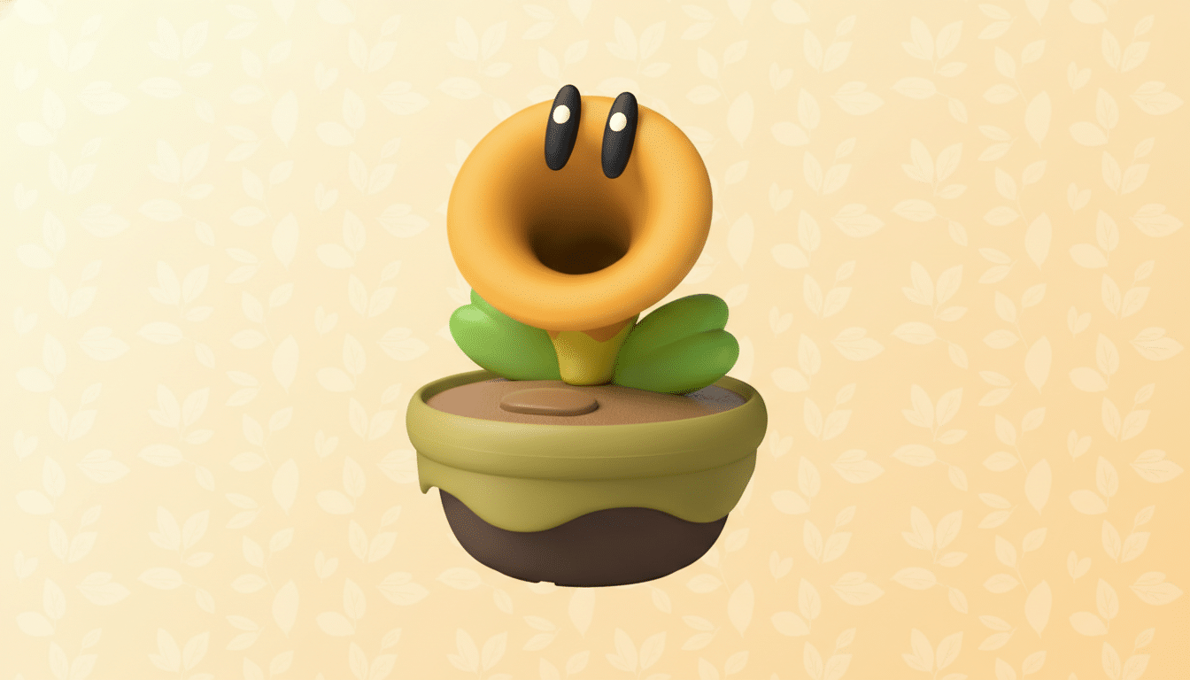 A 3D rendering of a yellow Piranha Plant from the Mario series, with a wide open mouth and two black eyes, sitting in a brown pot with green leaves, against a light yellow background with subtle leaf patterns.