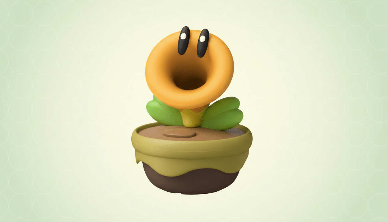 A 3D rendering of a Piranha Plant from the Mario franchise, with an orange head, green leaves, and a brown pot, set against a light green background with a subtle circular pattern.