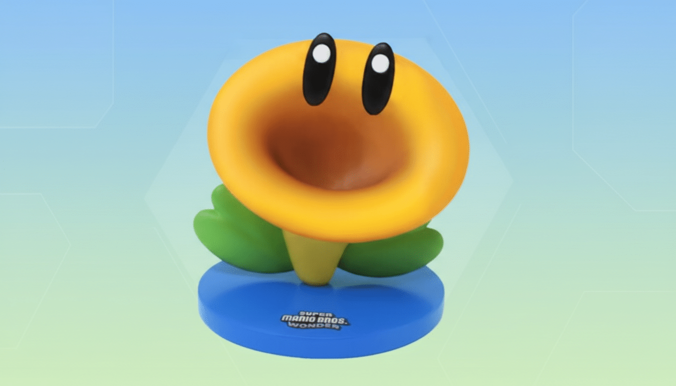 A Super Mario Bros. Wonder Talking Flower figure on a blue base, set against a professional light blue and green gradient background with subtle geometric patterns.