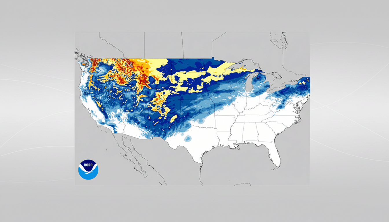 A weather map of the United States showing snow depth, with deeper snow indicated by darker blues and reds, and lighter snow by yellows and light blues. The map is set against a professional flat design background with soft gradients.
