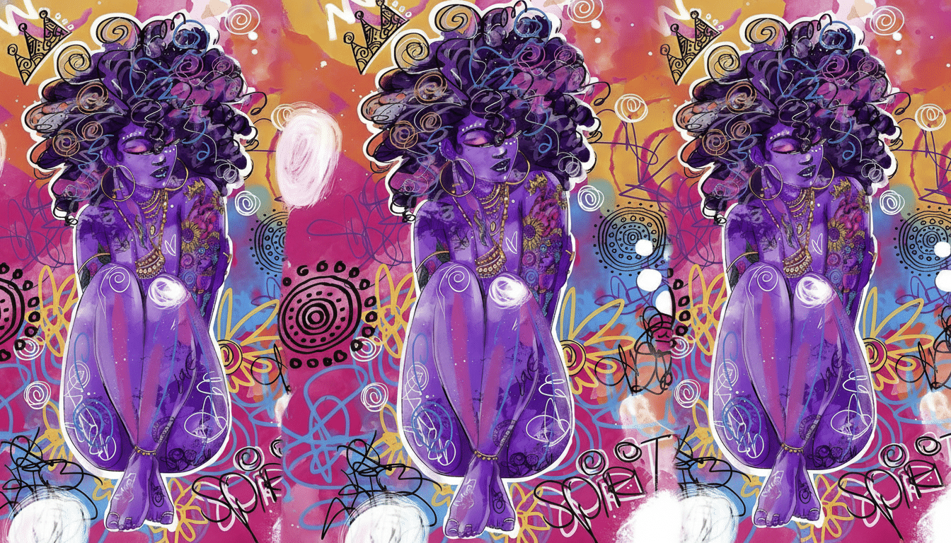 A vibrant, professionally enhanced image of a person with purple skin and curly hair, adorned with gold jewelry and tattoos, sitting against a colorful, abstract background.