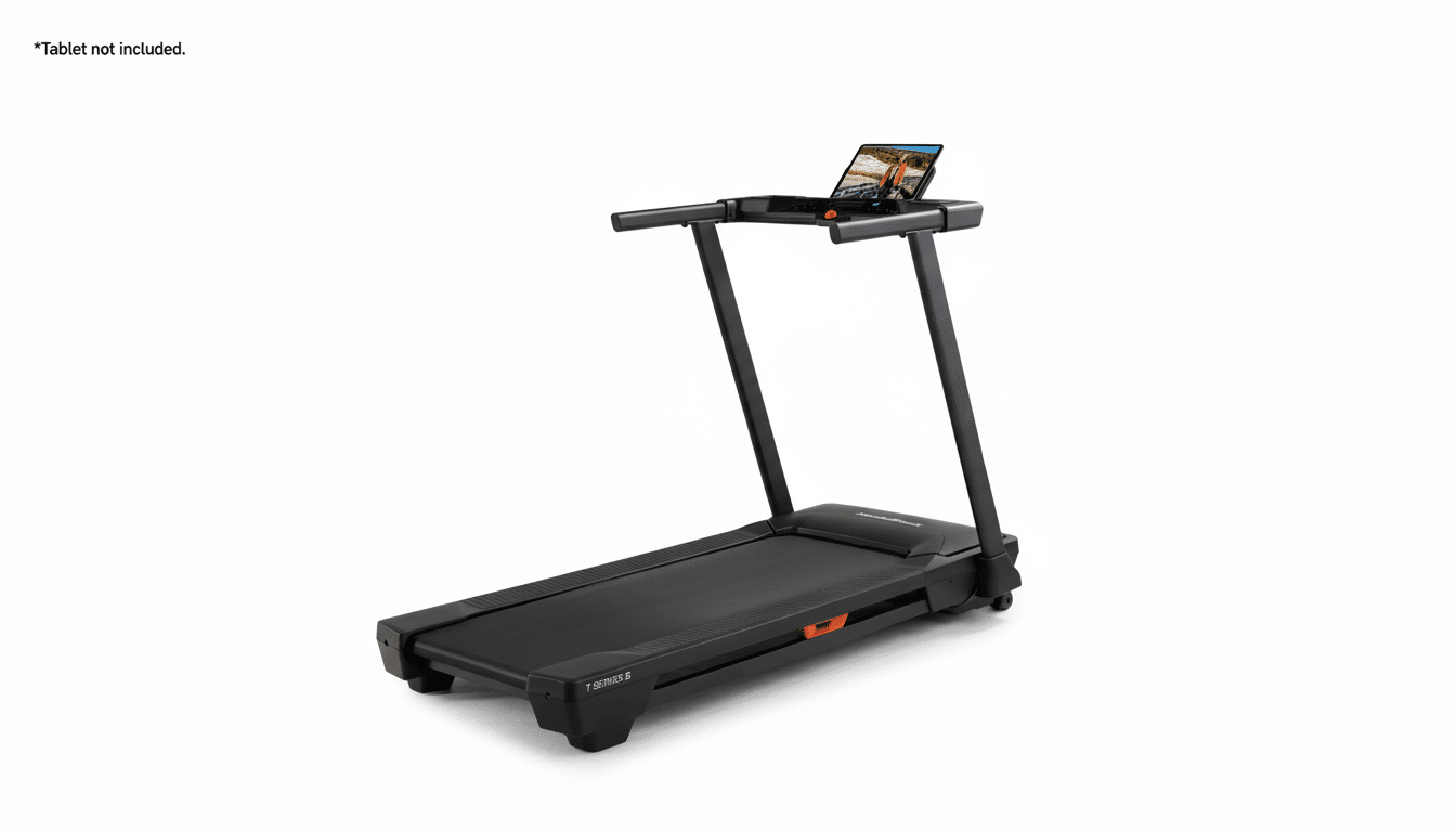 A black treadmill with a tablet displaying a scenic outdoor image on its console, set against a clean white background.