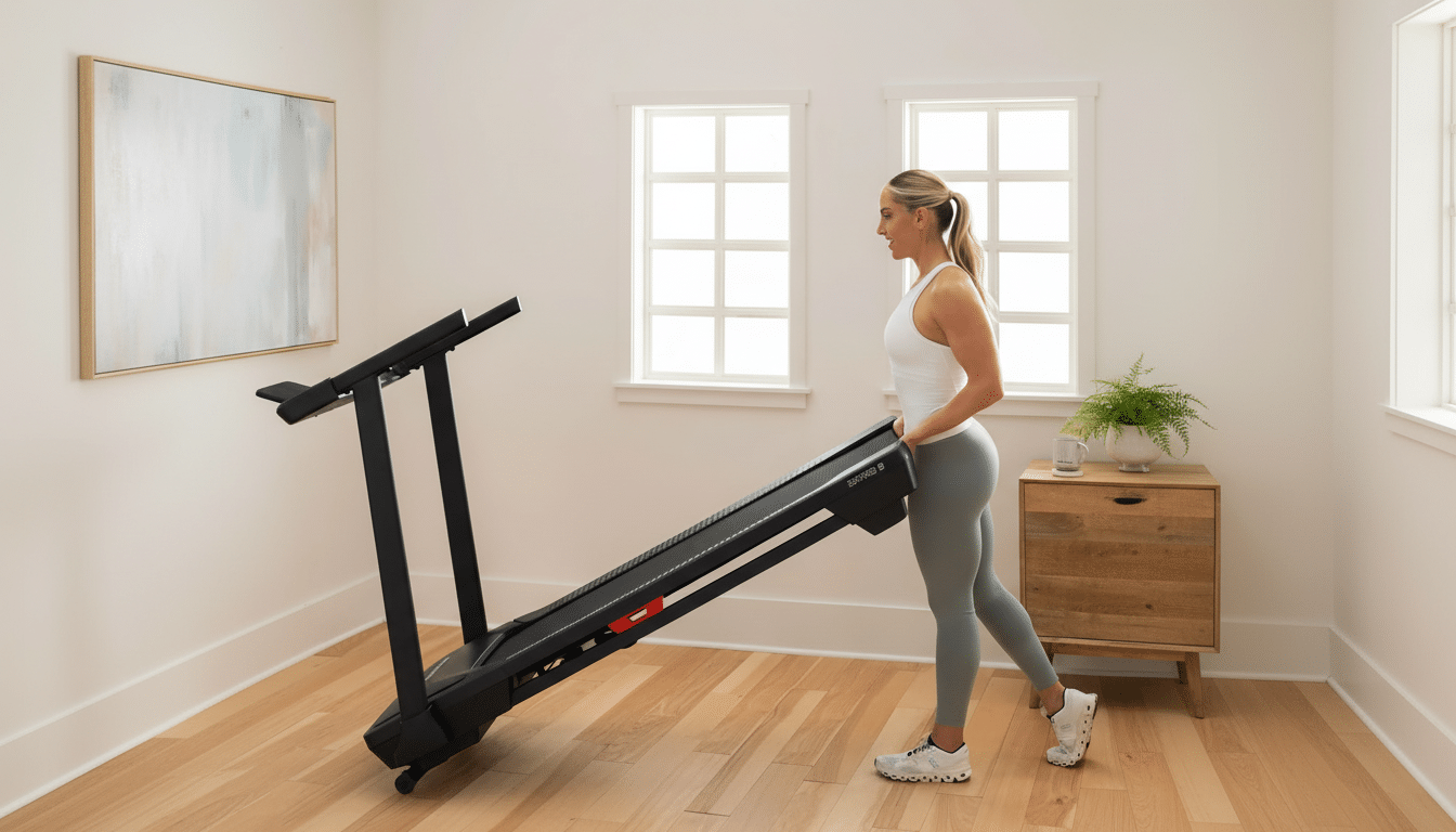 A woman in athletic wear is shown moving a black treadmill in a bright room with large windows.