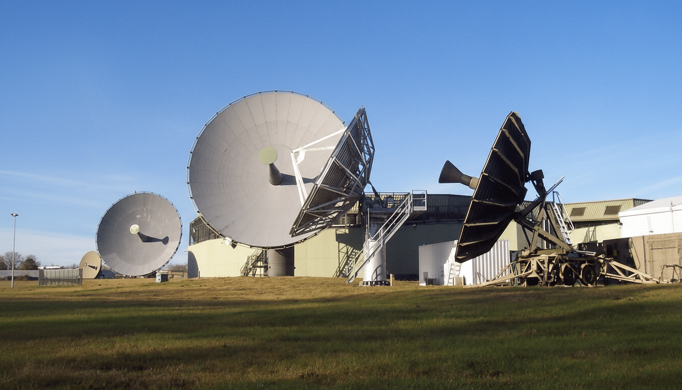 Several large satellite dishes on a grassy field under a clear blue sky, with buildings in the background.