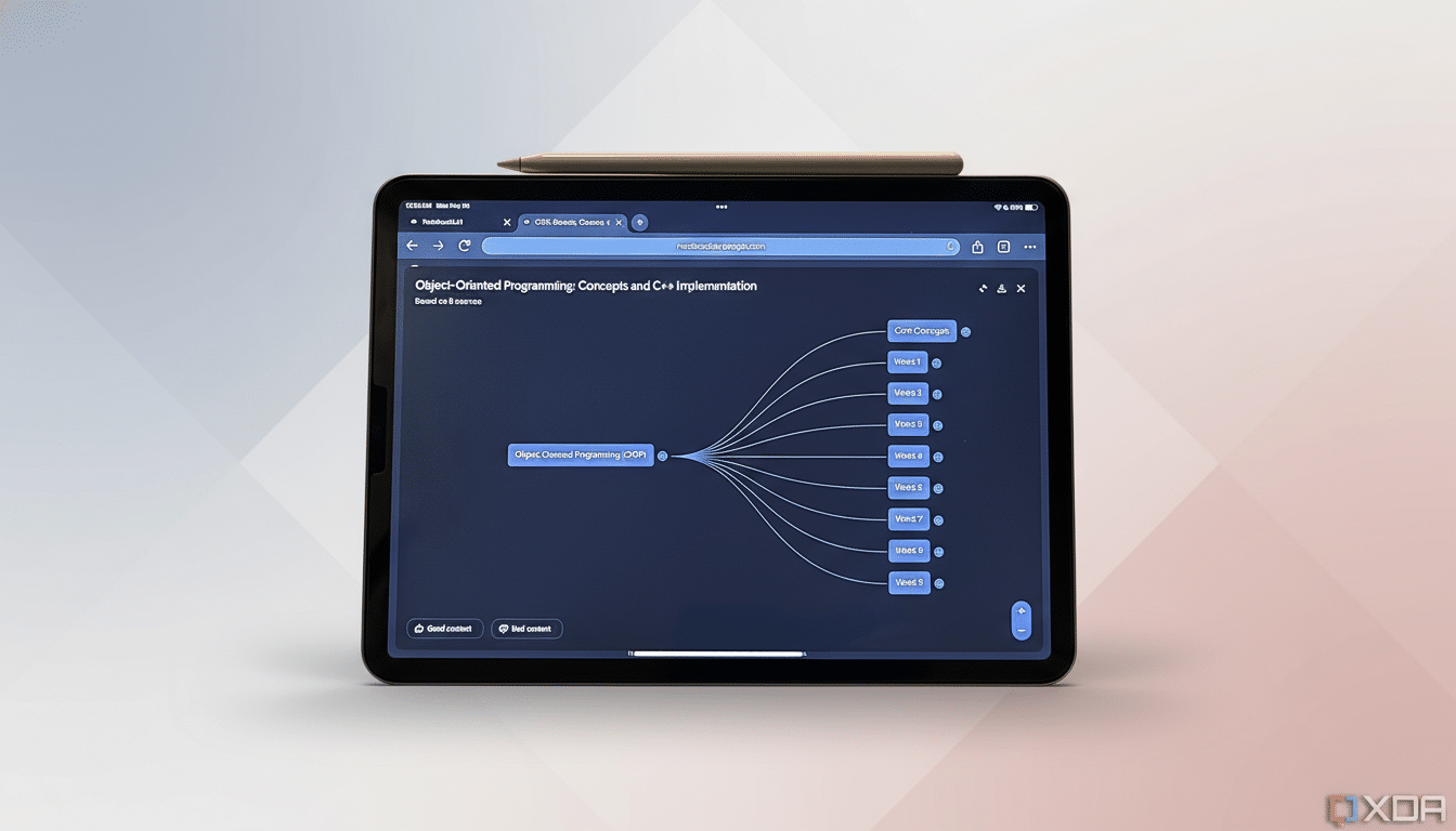 A tablet displaying a mind map about Object-Oriented Programming, resized to a 16:9 aspect ratio with a professional flat design background.