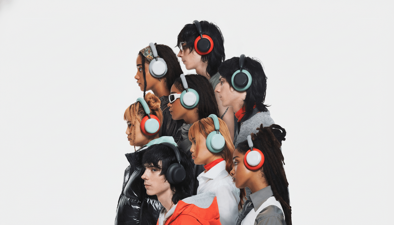 A group of diverse young people wearing colorful headphones, standing in profile against a white background.