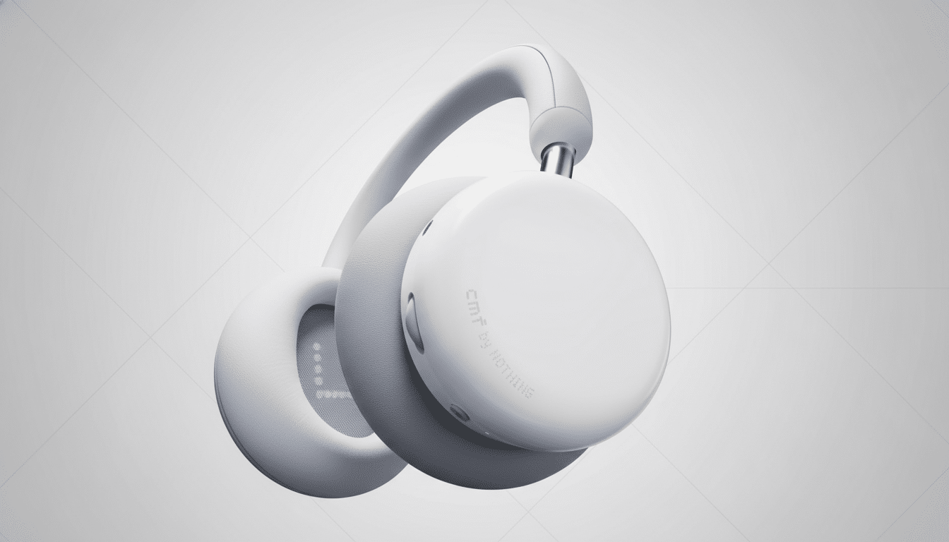 A pair of white CMF by Nothing headphones with a professional flat design background.