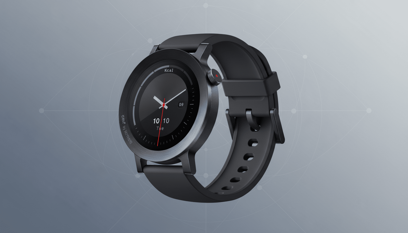 A black smartwatch with a dark gray face and black strap, displaying Kcal, 10/10, and Tue on a professional gradient background with subtle geometric patterns.