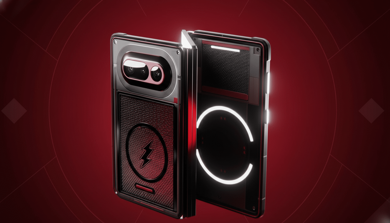 A sleek, dark gray foldable smartphone with red accents, featuring a camera module and a textured back with a lightning bolt icon, presented against a professional red background with subtle geometric patterns.