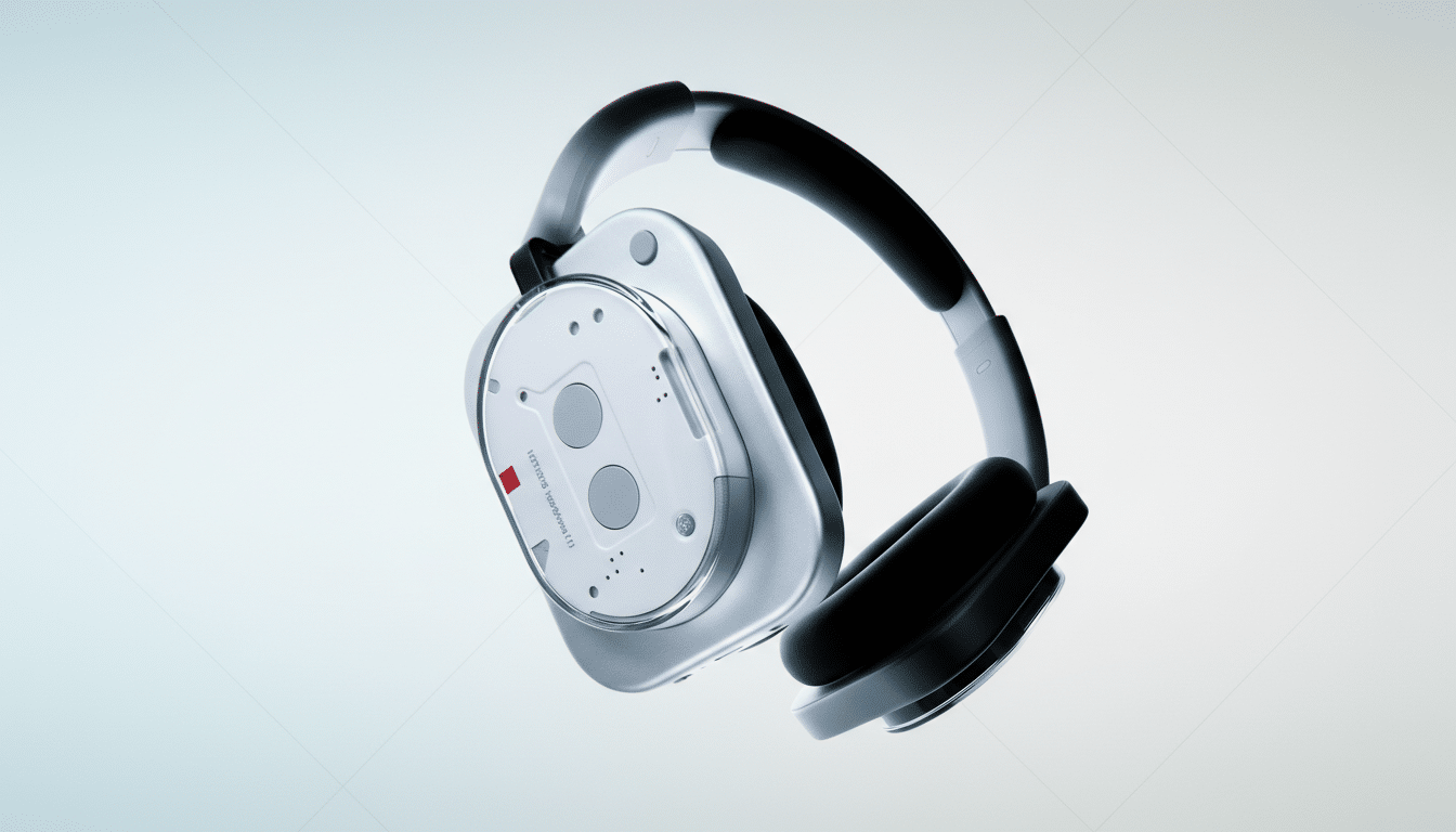 A pair of white and black headphones with a circular earcup design, presented on a professional light blue gradient background.