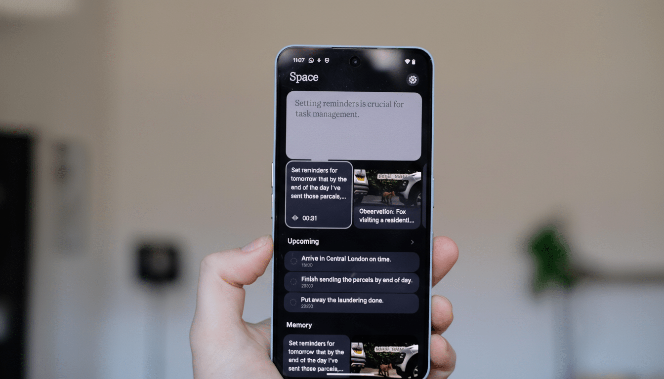 A hand holding a smartphone displaying the Space app with task management reminders and upcoming events.
