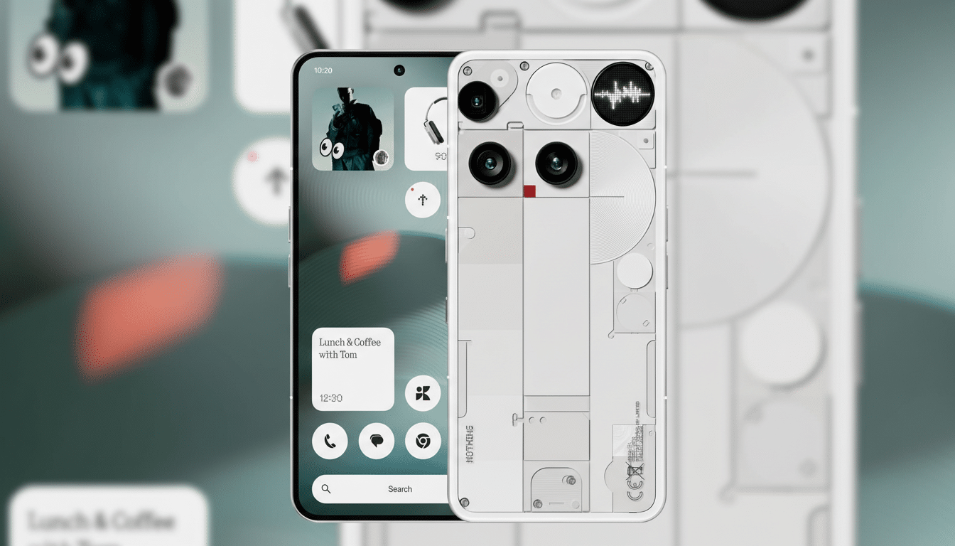 A Nothing Phone (2) in white, shown from the front and back, with the front displaying a home screen and the back revealing its transparent design.