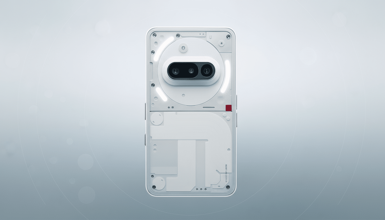 A white smartphone with a transparent back, revealing internal components and glowing light strips, set against a professional light gray background with subtle circular patterns.