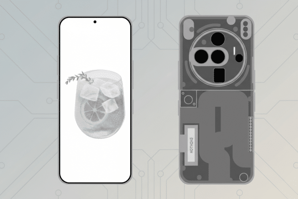 A smartphone with a drink on its screen and the back of a Nothing Phone, both in grayscale, set against a light gray circuit board pattern background.