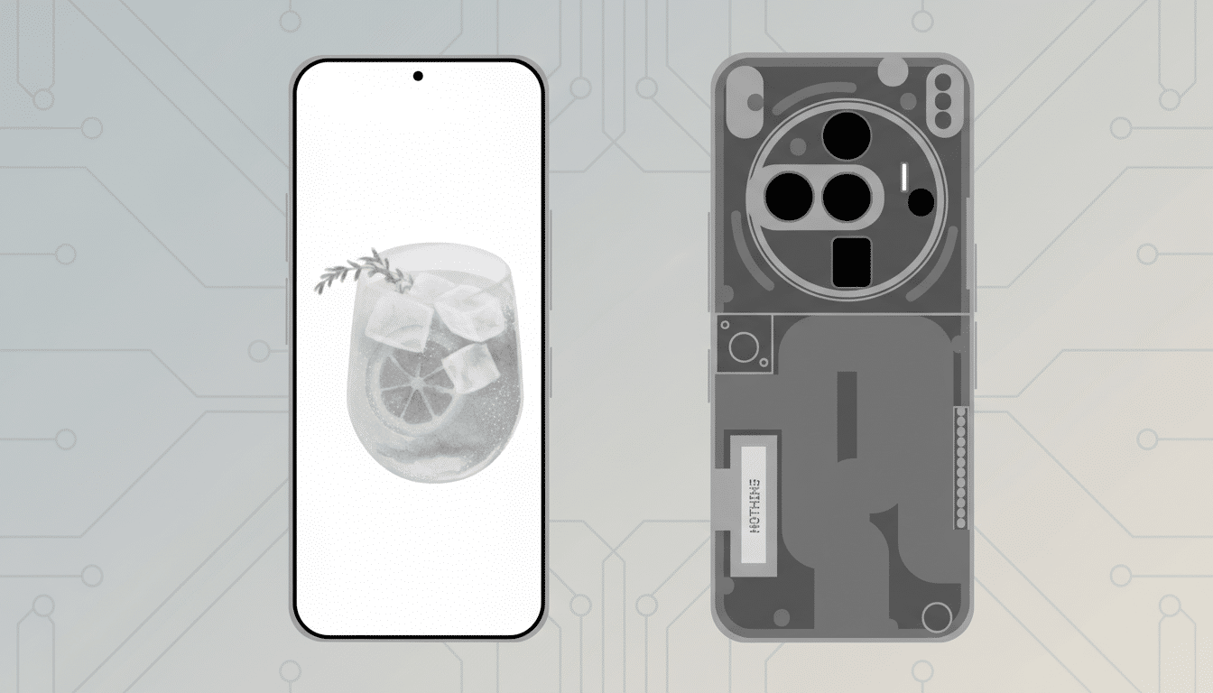 A smartphone with a drink on its screen and the back of a Nothing Phone, both in grayscale, set against a light gray circuit board pattern background.
