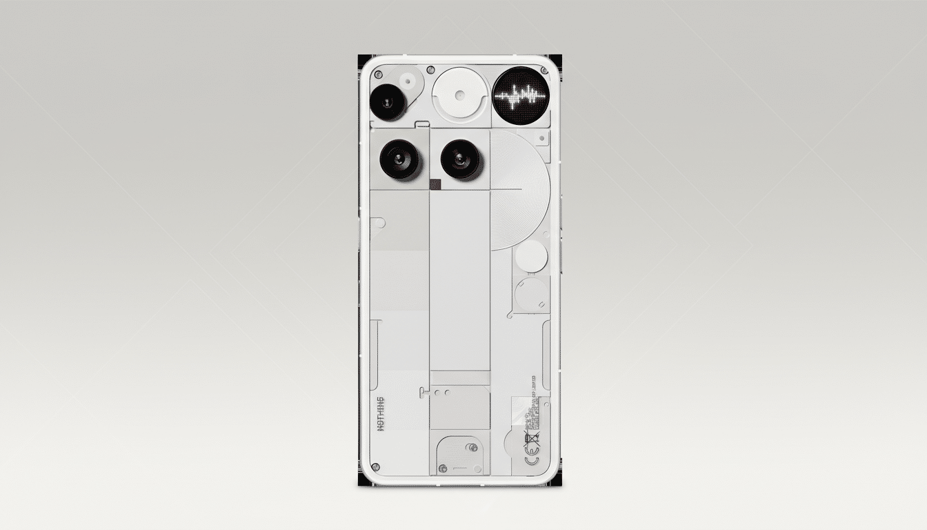 A white Nothing Phone (2) with a transparent back, showcasing its internal components, centered on a professional light gray background with a subtle geometric pattern.