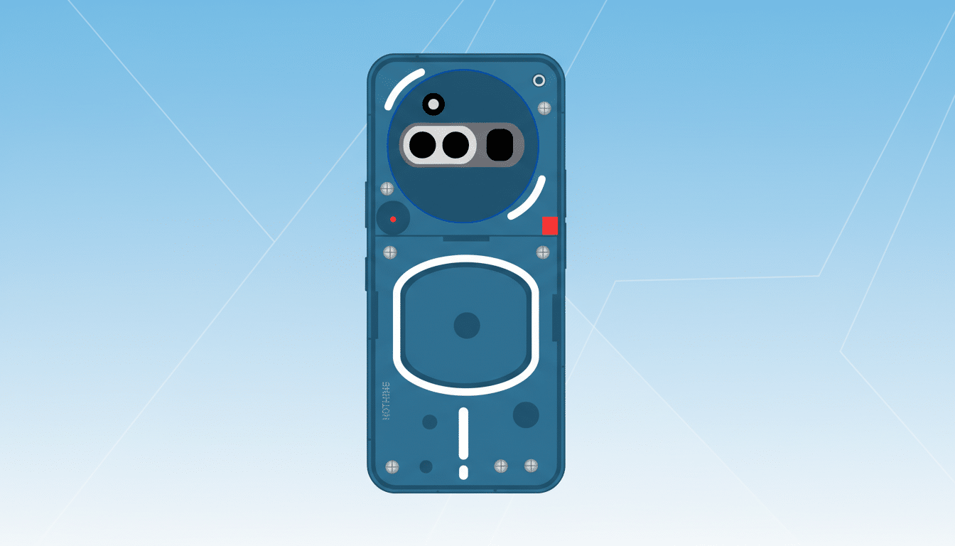 A blue Nothing Phone (1) with a transparent back, showcasing its internal components, set against a professional light blue gradient background with subtle geometric patterns.