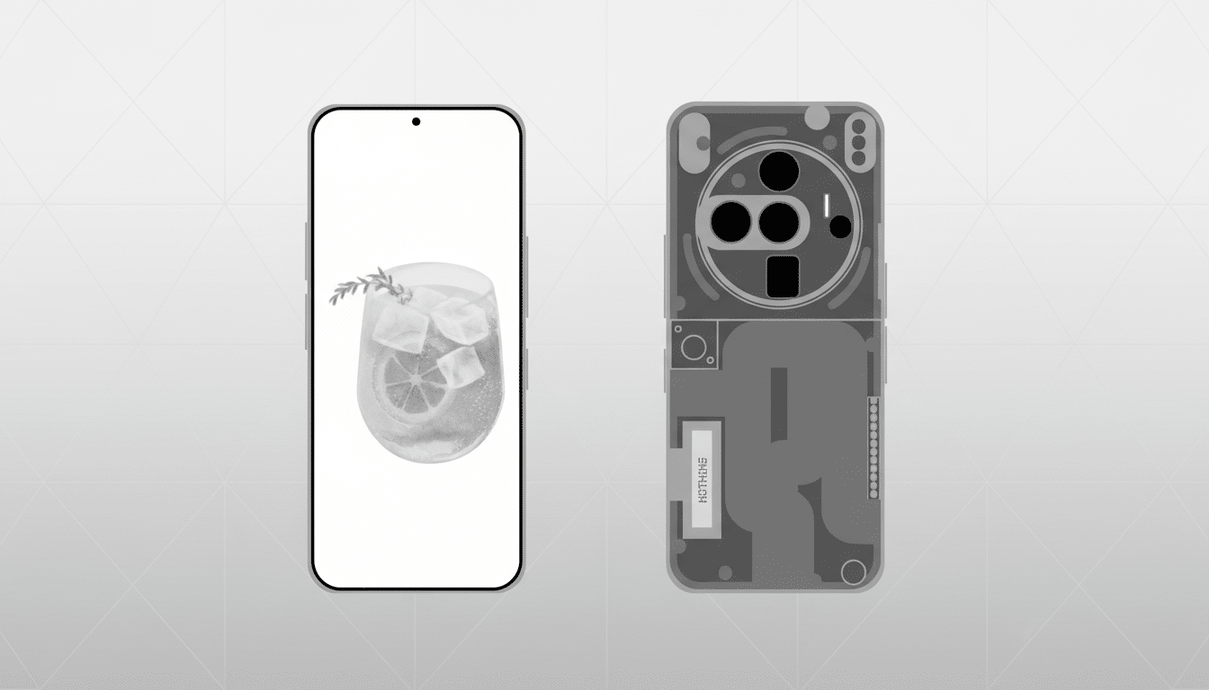 A smartphone with a cocktail on its screen and the back of another smartphone with its internal components visible, both presented on a professional flat design background with soft patterns.