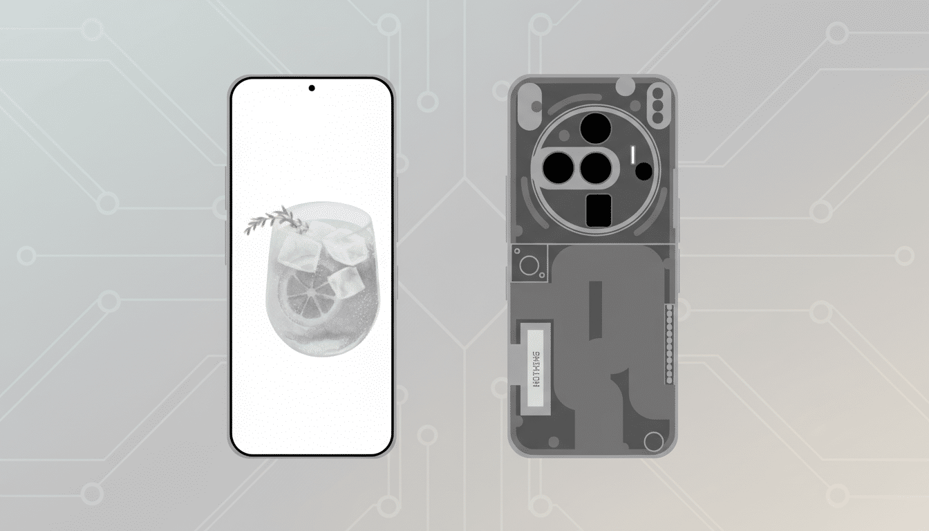 A smartphone with a cocktail on its screen and the back of a smartphone with internal components visible, presented on a professional flat design background with soft patterns.