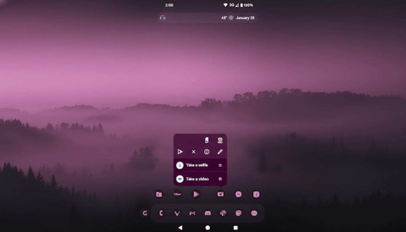 A smartphone screen displaying a purple-hued landscape background with a floating menu for camera options and a row of app icons at the bottom.