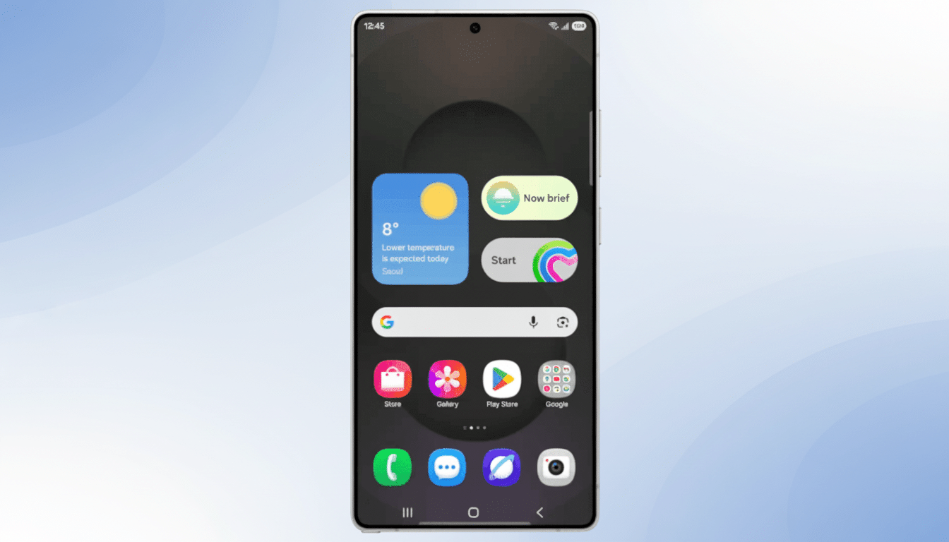 A smartphone displaying its home screen with various app icons and widgets, set against a professional light blue gradient background.