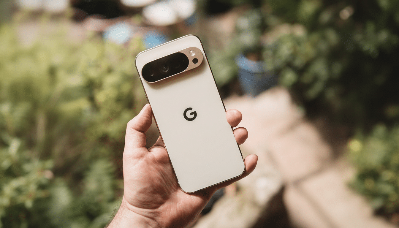 A hand holding a Google Pixel 7 Pro in a 16:9 aspect ratio, with a blurred outdoor background.
